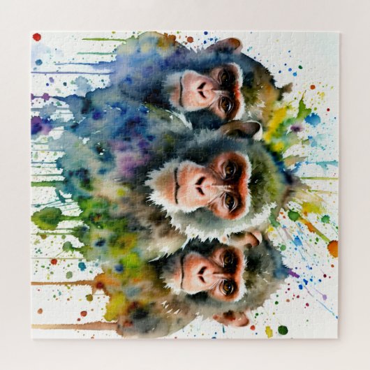 3 Affen Farben Wasserfarbe Kunst Puzzle (Horizontal)