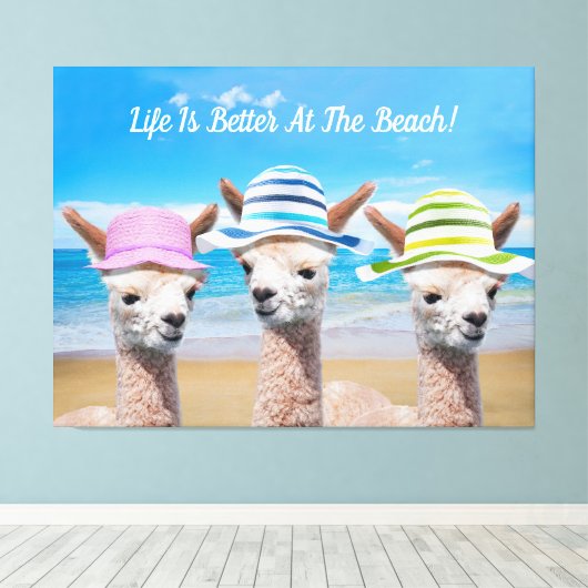 3 Alpacas Leben ist am Strand besser! DIY, Leinwanddruck (Insitu (Holzboden))