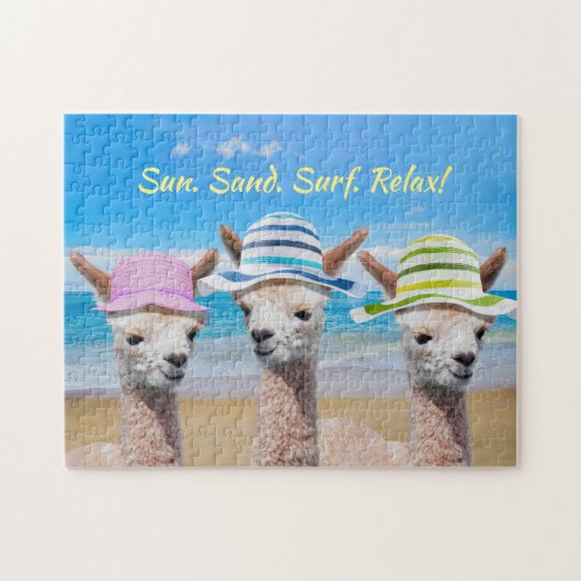 3 Alpacas on Beach in Sun Hats, DIY-Meldung Puzzle (Horizontal)