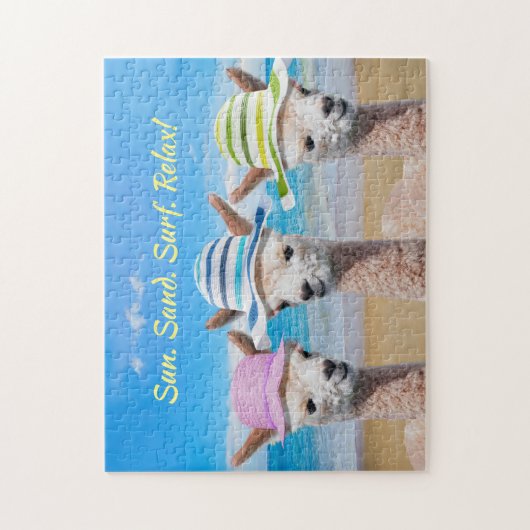 3 Alpacas on Beach in Sun Hats, DIY-Meldung Puzzle (Vertikal)