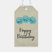 3 Aquamarine Aquarellfarben-Rose auf Tan Damask Ge Geschenkanhänger (Vorderseite)