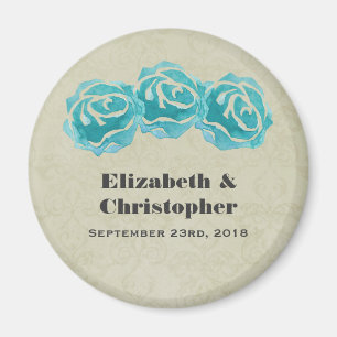 3 Aquamarine Aquarellfarben-Rose auf Tan Damask Ho Magnet