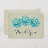 3 Aquamarine Aquarellfarben-Rose auf Tan Damask Vi Dankeskarte (Vorne/Hinten)