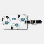 3 aquamarine Schwarz-weiße Fußball-Bälle-Girls Gepäckanhänger (Vorderseite horizontal)