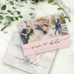 3 Bild mit Handschrift Rosa Save The Date<br><div class="desc">Wählen Sie die besten Bilder aus Ihrem Verlobung-Shooting oder Ihre Lieblingsfotos von Ihnen beiden für dieses perfekte Save the Date. Save the Date sind die Wörter handgeschrieben, um der Karte ein persönliches Gefühl zu geben. Die Vorderseite hat 3 Bilder und die Rückseite hat ein großes Bild mit einem weißen Filter...</div>