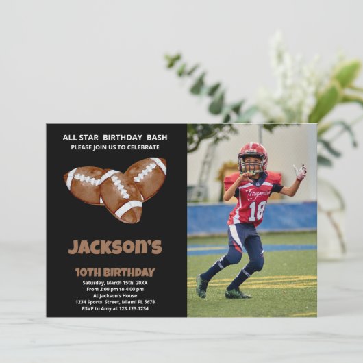 3 Black Brown Football Birthday Einladungen Foto (Stehend Vorderseite)