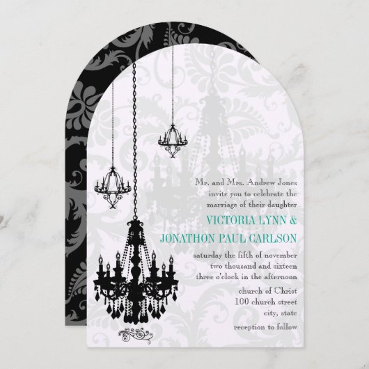 3 Black Candelierers Shadow Damask Wedding Einladung (Vorne/Hinten)