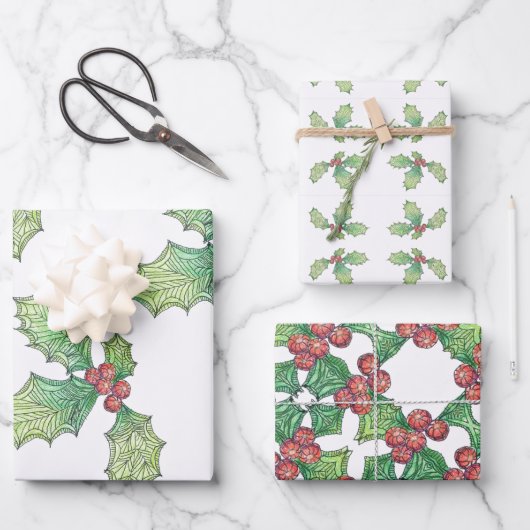 3 Blatt Geschenkpapier Wrap Papier Holly Jolly (Vorderseite)