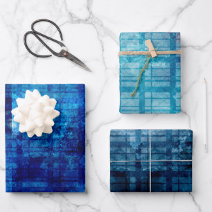 3 Blue Kariert Men's Besondere Anlass Geschenk Geschenkpapier Set