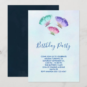 3 bunte Pastell-Wasserfarben-Schmetterlinge Geburt Einladung