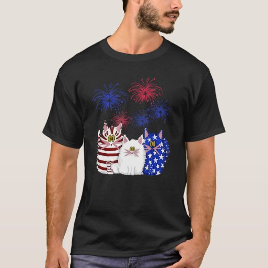 3 Cats Kitten Firework American Flag T-Shirt (Vorderseite)