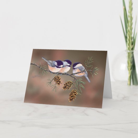 3 CHICKADEES & PINE CONS VON SHARON SHARPE KARTE (Vorderseite)