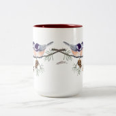 3 CHICKADEES u. KEGEL durch SHARON SHARPE Zweifarbige Tasse (Mittel)