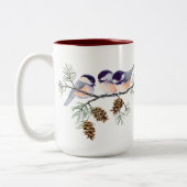 3 CHICKADEES u. KEGEL durch SHARON SHARPE Zweifarbige Tasse (Links)