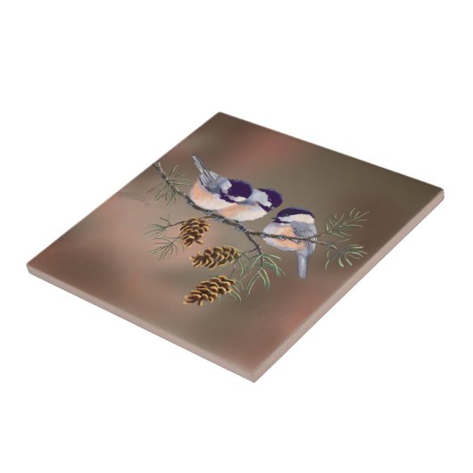 3 CHICKADEES u. KIEFERN-KEGEL durch SHARON SHARPE Fliese (Seite)