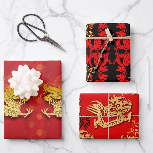 3 Chinesischer Drachenpapierschnitt Jahr WPFS Geschenkpapier Set (Vorderseite)