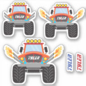 3 Coole Red Monster Trucks, Flammen, DIY-Namen Aufkleber (Vorderseite)