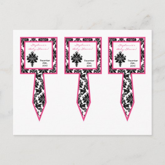 3 Cup Cake Picks Hot Pink Black Damask Einladungspostkarte (Vorderseite)