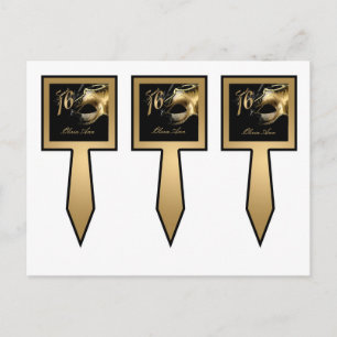 3 Cup Cake Picks Süß 16 Gold Schwarz Party Einladungspostkarte
