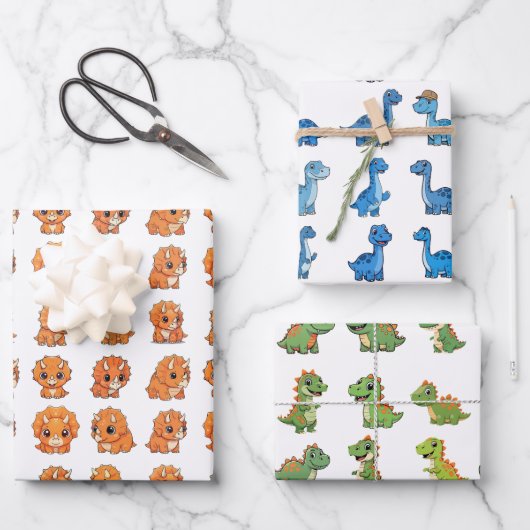 3 Cute Dinosaur Pattern Birthday Wrapping Paper Se Geschenkpapier Set (Vorderseite)