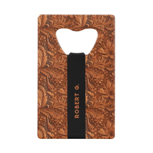 3-D brown tooled floral leather pattern Geldbeutel Flaschenöffner (Vorderseite)