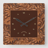 3-D Brown tooled leather floral pattern Quadratische Wanduhr (Vorderseite)