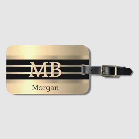 3-D Gold Monogramm/Name, Schwarz/Gold Streifen, Go Gepäckanhänger (Vorderseite (Horizontal))