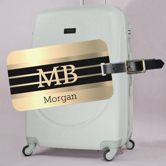 3-D Gold Monogramm/Name, Schwarz/Gold Streifen, Go Gepäckanhänger