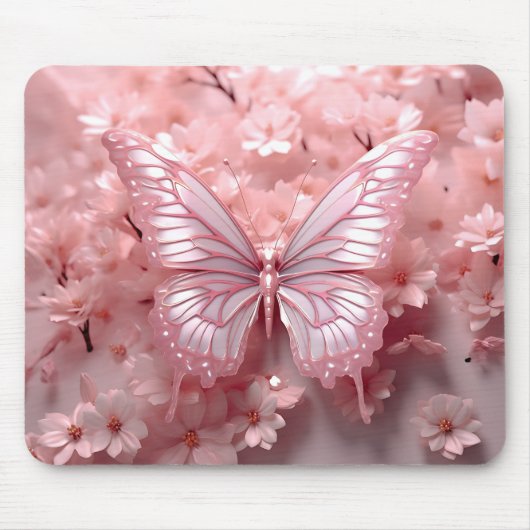 3-D rosa Schmetterling auf Blume Mousepad (Vorne)