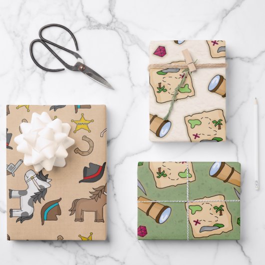 3 Designs - 1 Cowboys und 2 Pirates Geschenkpapier Set (Vorderseite)