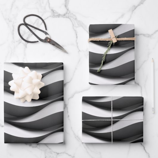 3 Dimensionen Wavy Black and White Muster Geschenkpapier Set (Vorderseite)