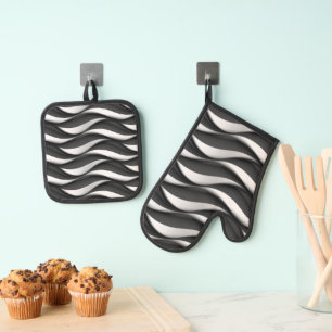 3 Dimensionen Wavy Black and White Muster Ofenhandschuh & Topflappen-Set