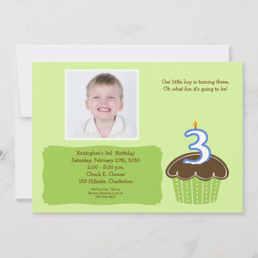 3 DREIJÄHRIGE CUPCAKE FOTO BIRTHDAY INVITE EINLADUNG (Vorderseite)