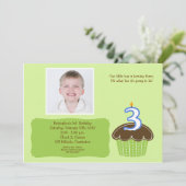 3 DREIJÄHRIGE CUPCAKE FOTO BIRTHDAY INVITE EINLADUNG (Stehend Vorderseite)