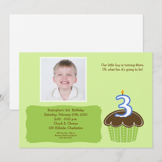 3 DREIJÄHRIGE CUPCAKE FOTO BIRTHDAY INVITE EINLADUNG (Vorne/Hinten)