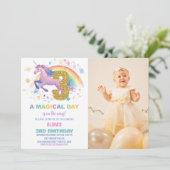 3. Einhorn Geburtstag Einladung mit Foto (Stehend Vorderseite)