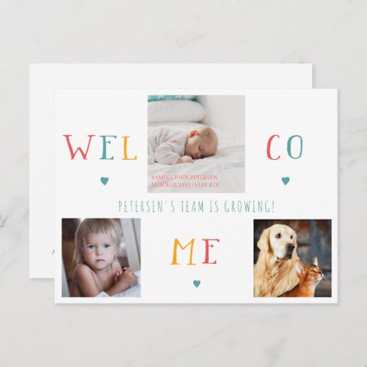3 Familienkollektion Foto WELCOME Neugeburt Ankündigungspostkarte (Vorne/Hinten)