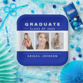 3 Foto Abschluss Collage Graduate Blau und Weiß Pappteller (Party)