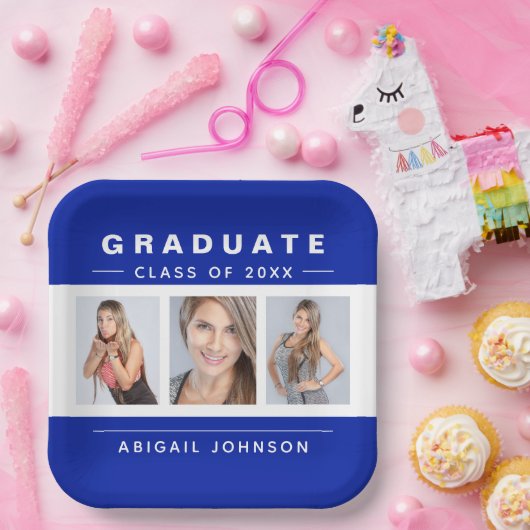 3 Foto Abschluss Collage Graduate Blau und Weiß Pappteller (Party)