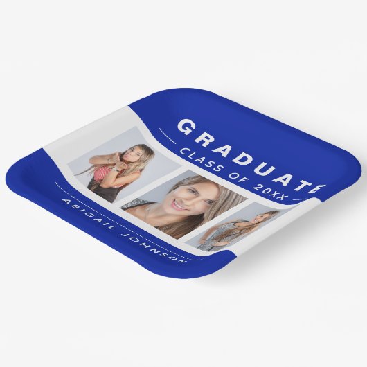 3 Foto Abschluss Collage Graduate Blau und Weiß Pappteller (Gewinkelt)