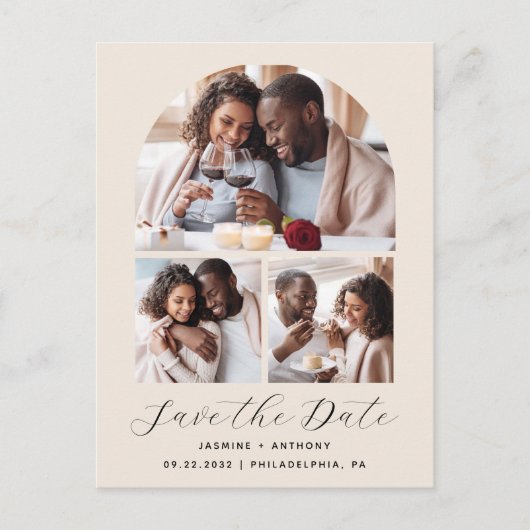 3-Foto-Arch Collage QR-Code Beige Save the Date Postkarte (Vorderseite)