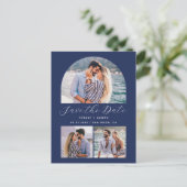 3 Foto Arch QR Code Navy Blue Save the Date Postkarte (Stehend Vorderseite)