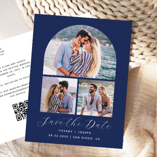 3 Foto Arch QR Code Navy Blue Save the Date Postkarte