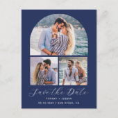 3 Foto Arch QR Code Navy Blue Save the Date Postkarte (Vorderseite)