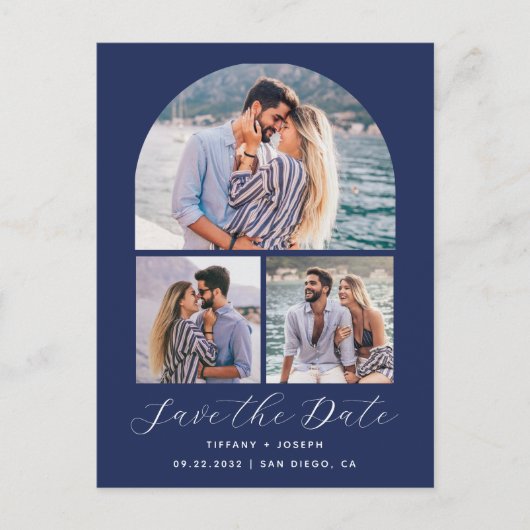 3 Foto Arch QR Code Navy Blue Save the Date Postkarte (Vorderseite)