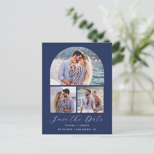 3 Foto Arch QR Code Navy Blue Save the Date Postkarte (Stehend Vorderseite)