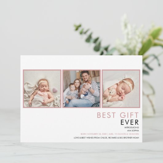 3 Foto Baby Girl Dusty Rose Pink Birth Ankündigung (Stehend Vorderseite)