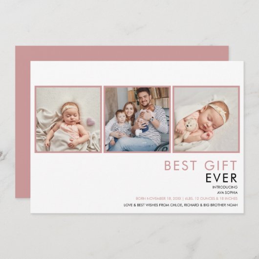 3 Foto Baby Girl Dusty Rose Pink Birth Ankündigung (Vorne/Hinten)