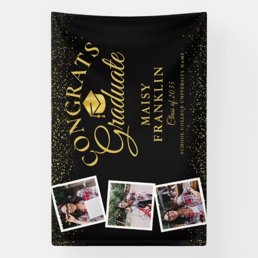 3 Foto Black and Gold Glitzer Graduation Party Banner (Vertikal)