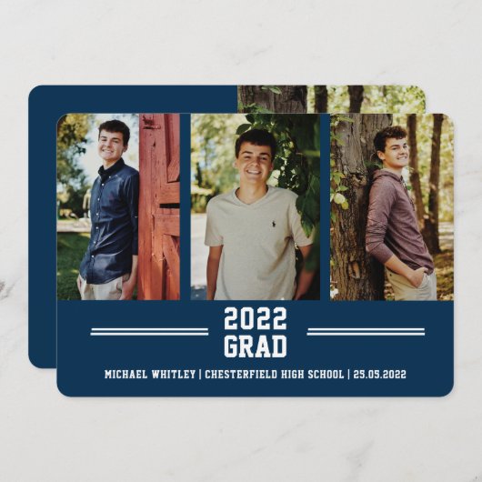 3 Foto Blue Boy Grad Custom Text Abschluss Ankündigung (Vorne/Hinten)